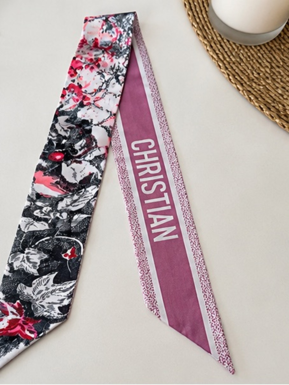 Pink Floral Toile Skinny Twilly Scarf Hair Neck Bag Accessory